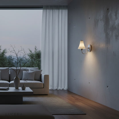 Close-up of Hearth Wall Lamp curved metal arm and ceramic shade texture detail