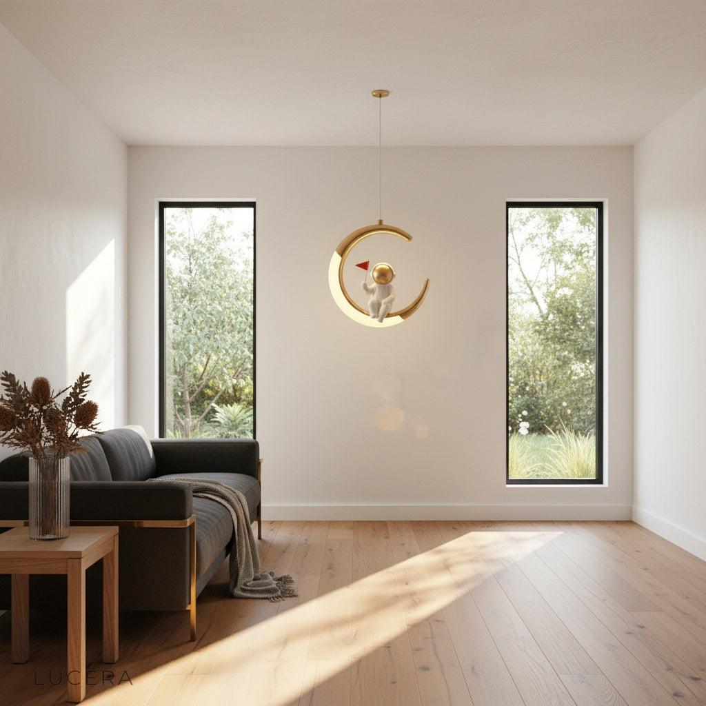 Jaune Brilliant moon lamp hanging above a minimalist office desk