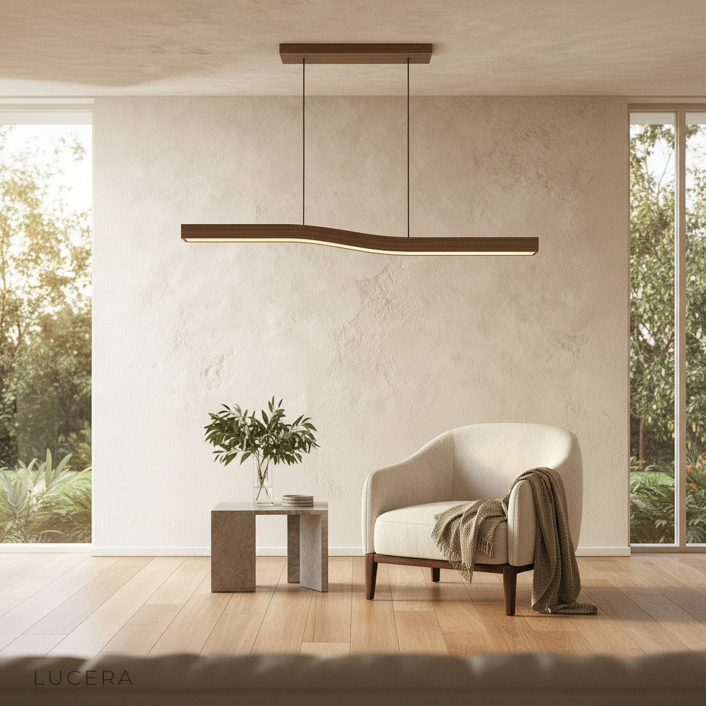 dimmable Tenebrous pendant light in cool white mode over a minimalist kitchen island