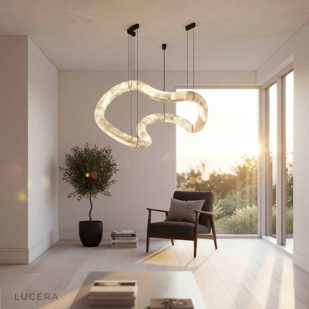 Fenwick alabaster chandelier illuminating an elegant entryway with soft evening light