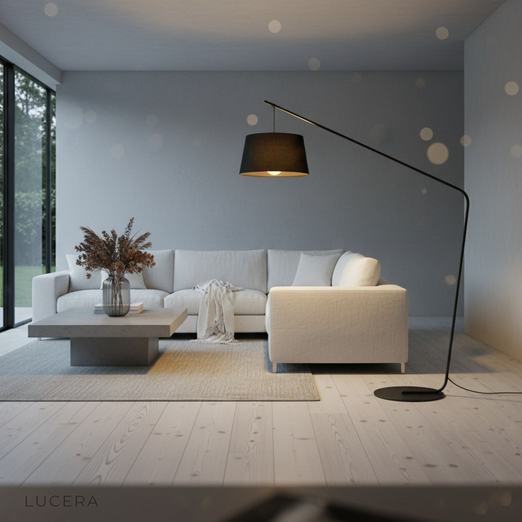 black fabric shade floor lamp illuminating minimalist bedroom at dusk