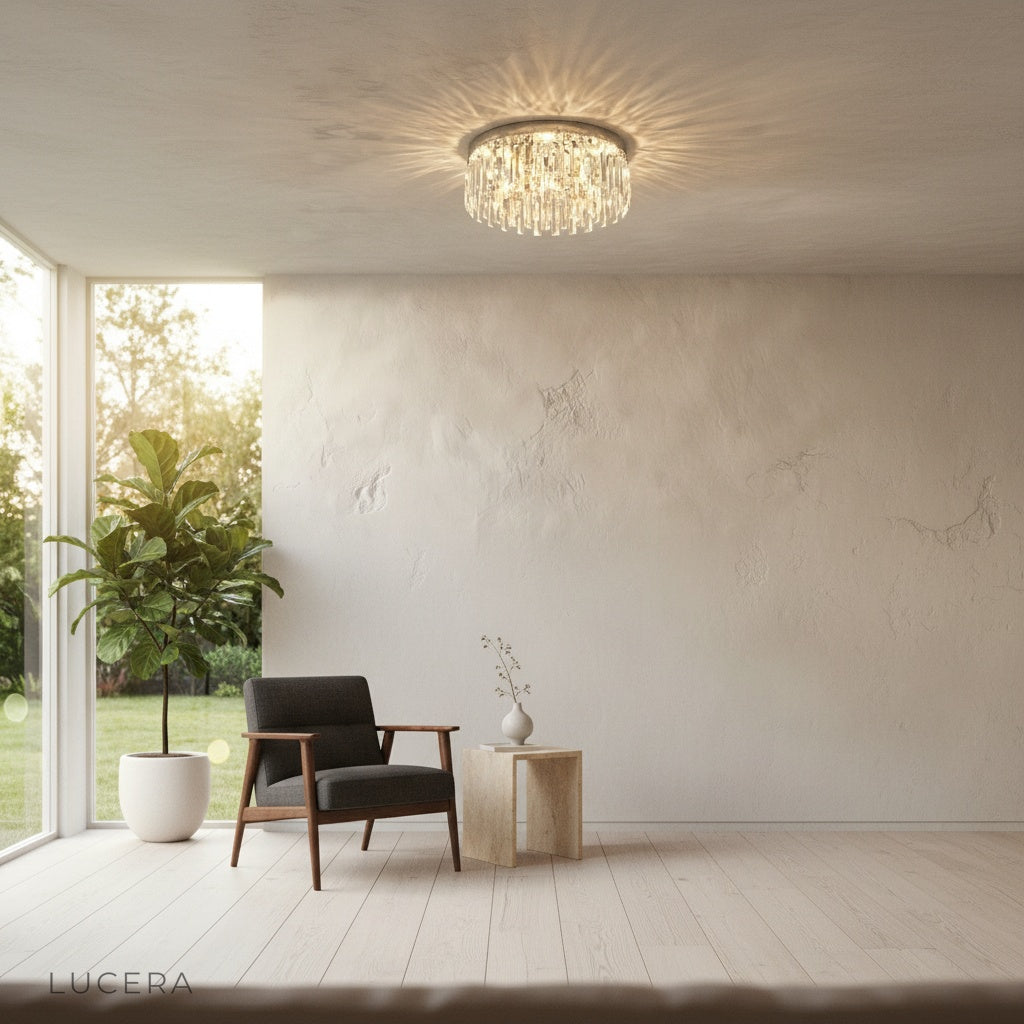 Emeraldine ceiling light mounted in a modern bedroom adding glamour and warm ambient glow