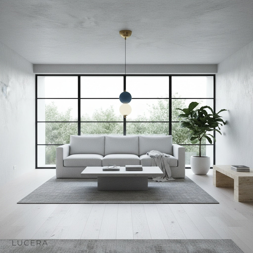 Sogno pendant light glowing warmly at dusk in a bedroom corner with linen curtains and wooden chair