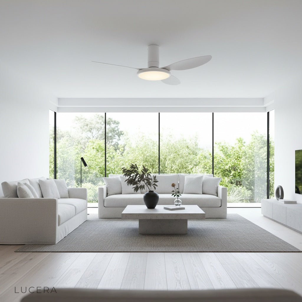 Umbria ceiling fan installed in modern kitchen with island and pendant lights