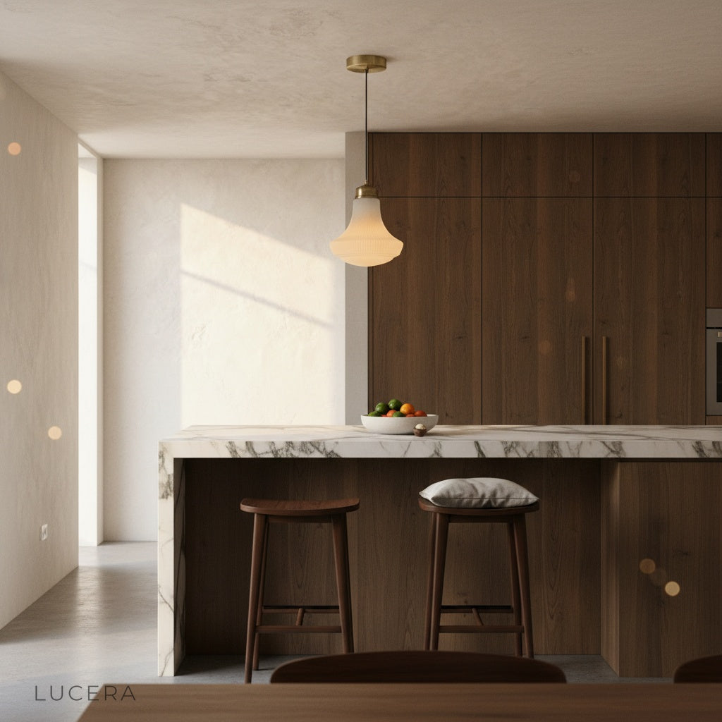 iron finish Chianti pendant light illuminating a breakfast nook with warm ambient glow