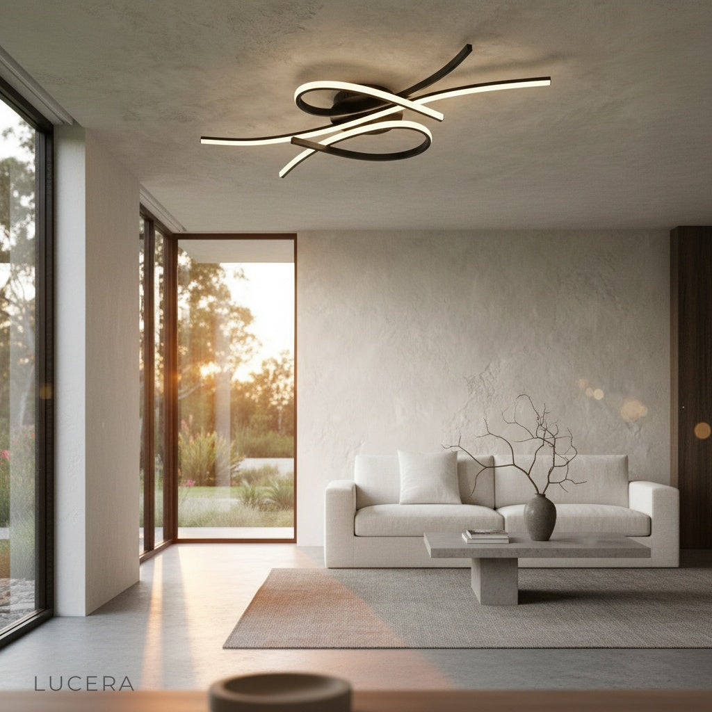 evening shot of sculptural light fixture creating dramatic shadows