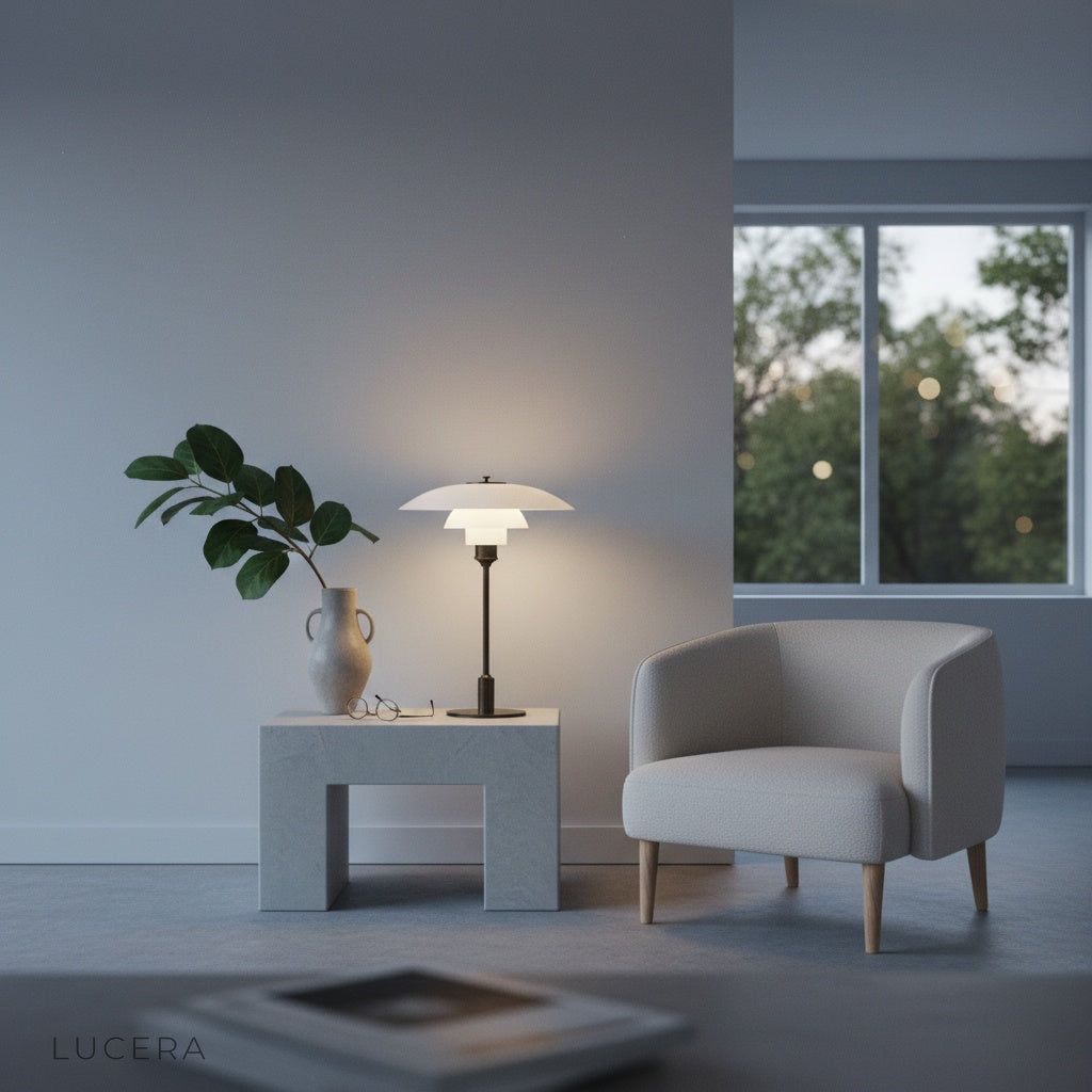 nighttime ambient shot of baccarat table lamp casting warm light on dark wall
