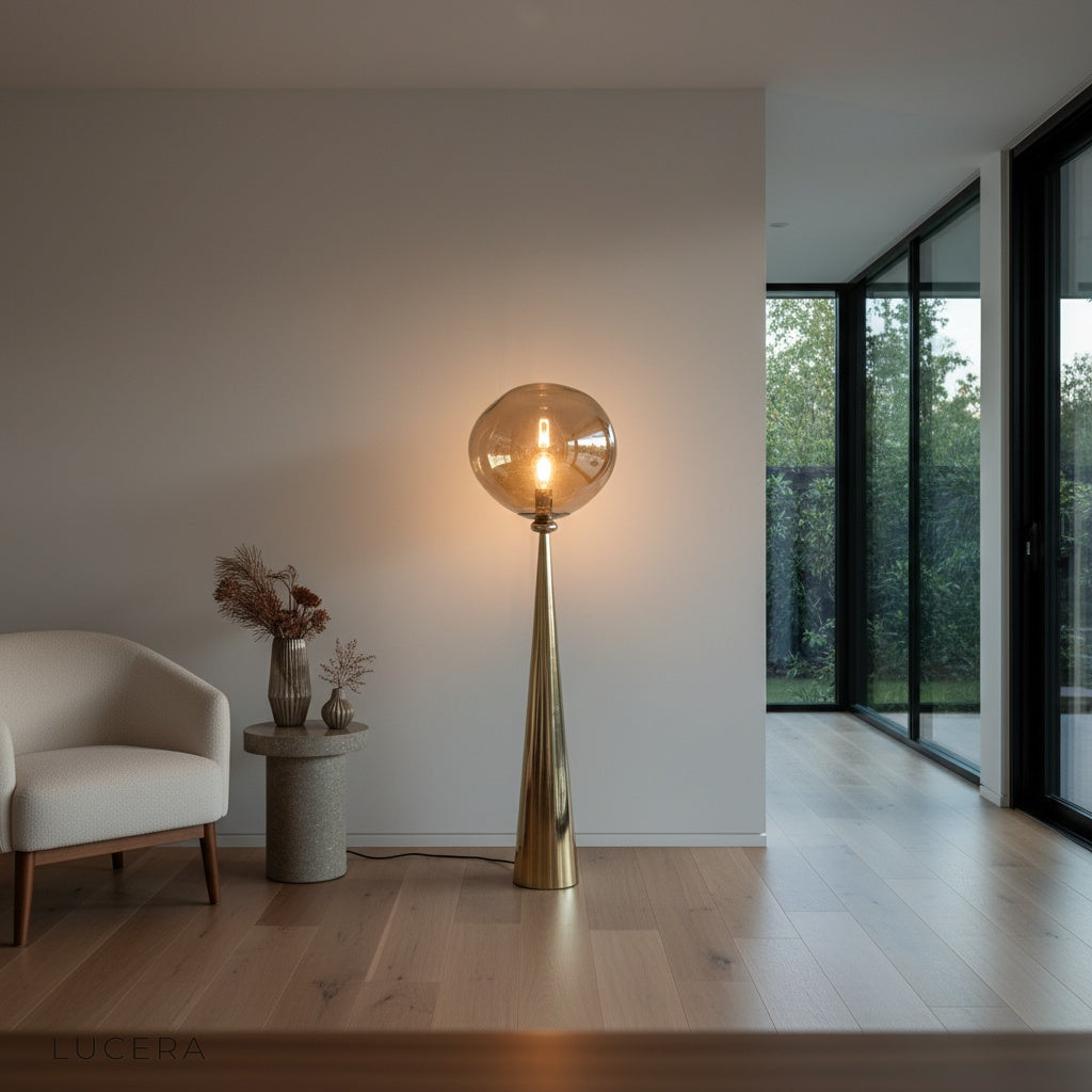 Bastion floor lamp in entryway with mirror finish off-state