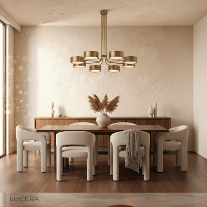 aesthetic angle of Lacrima brass chandelier against dark wall with soft shadows