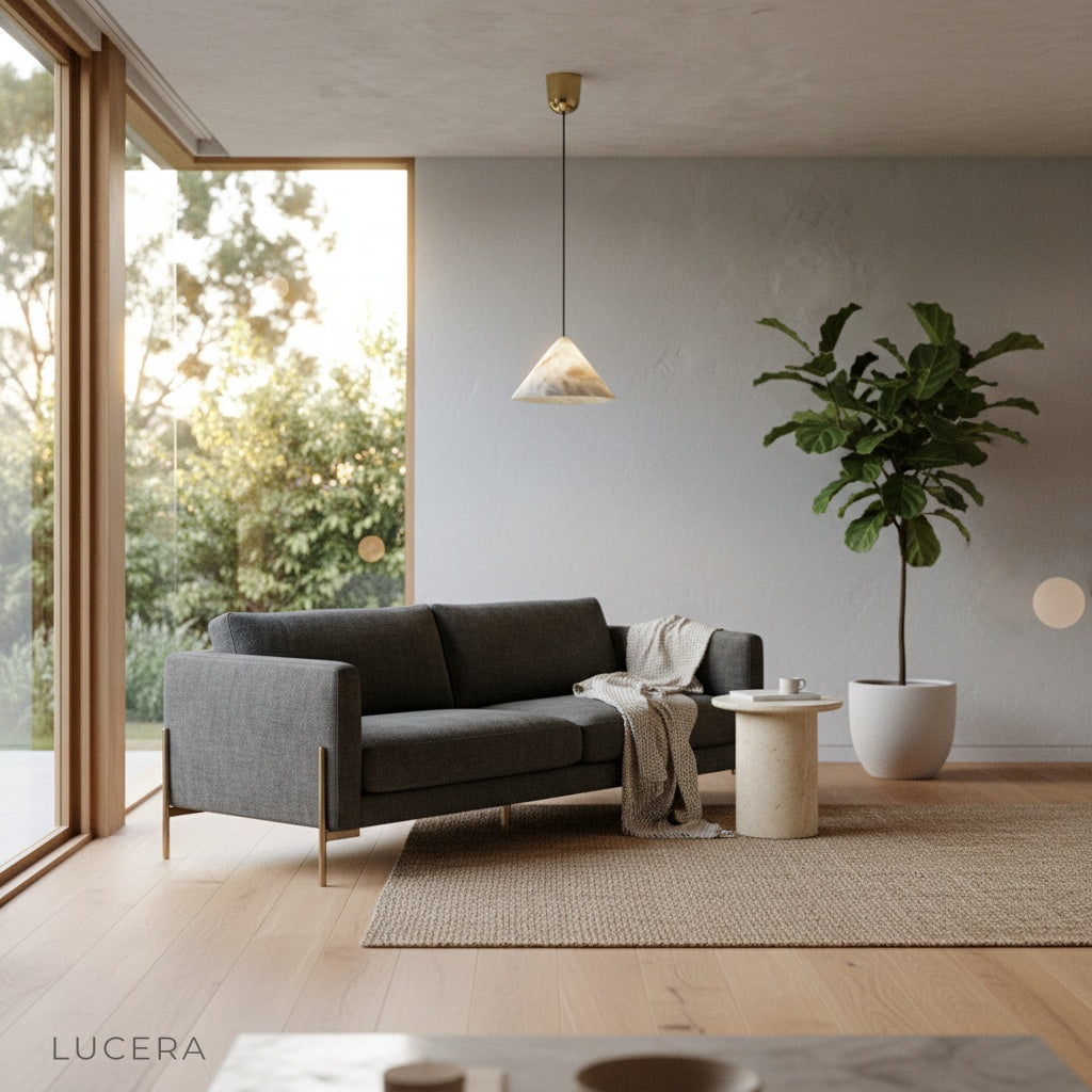 Pendant light with alabaster shade styled above a rustic wooden kitchen island with greenery accents