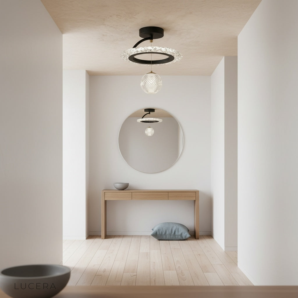 Xyle ceiling light over foyer table with warm bulbs and reflective floor