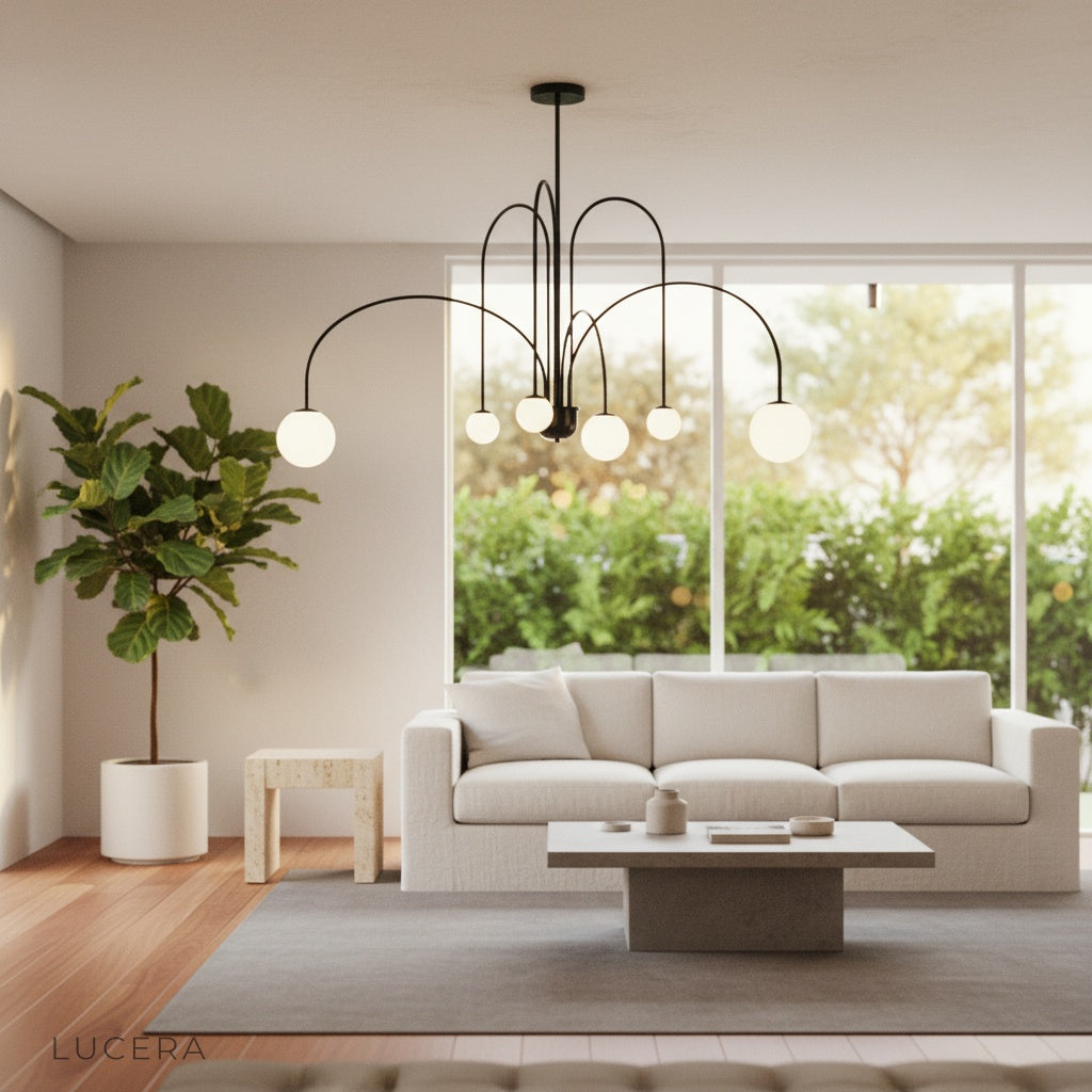 Unico Chandelier above marble table in luxe Art Deco inspired interior