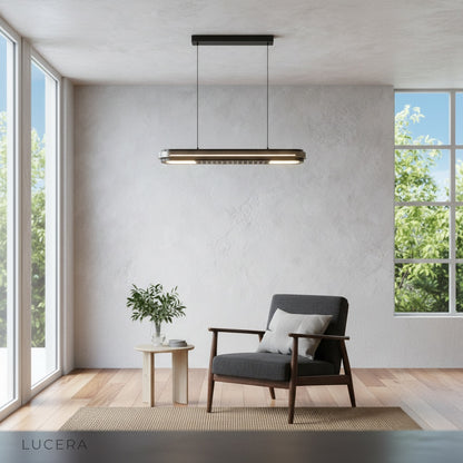 Nebulous Bravura pendant light casting geometric shadows on wall in evening lounge