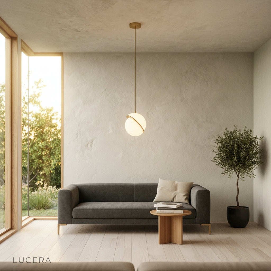 Igneous pendant light in loft space with exposed brick and industrial decor