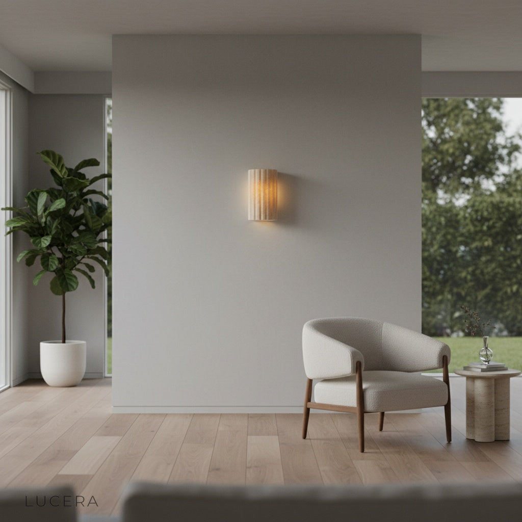 Minimalist Mortimer Wall Lamp side angle studio view showing natural stone