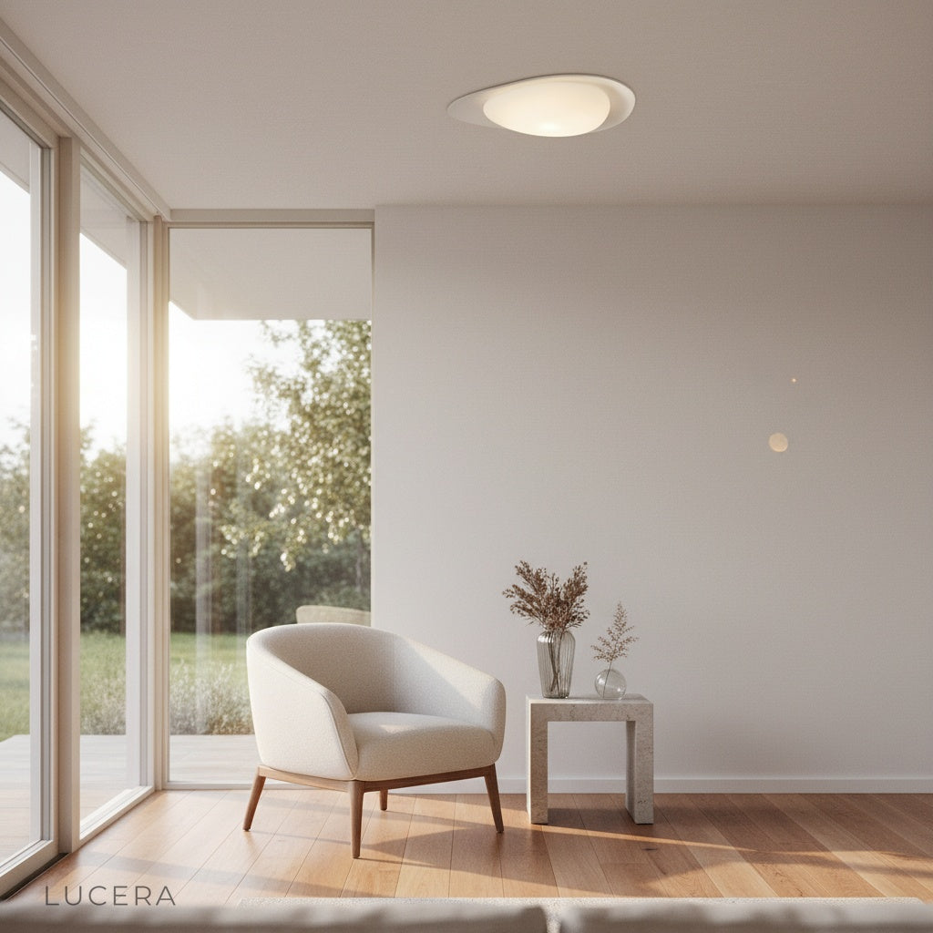 Saturn flush mount light illuminated at night creating cozy intimate atmosphere
