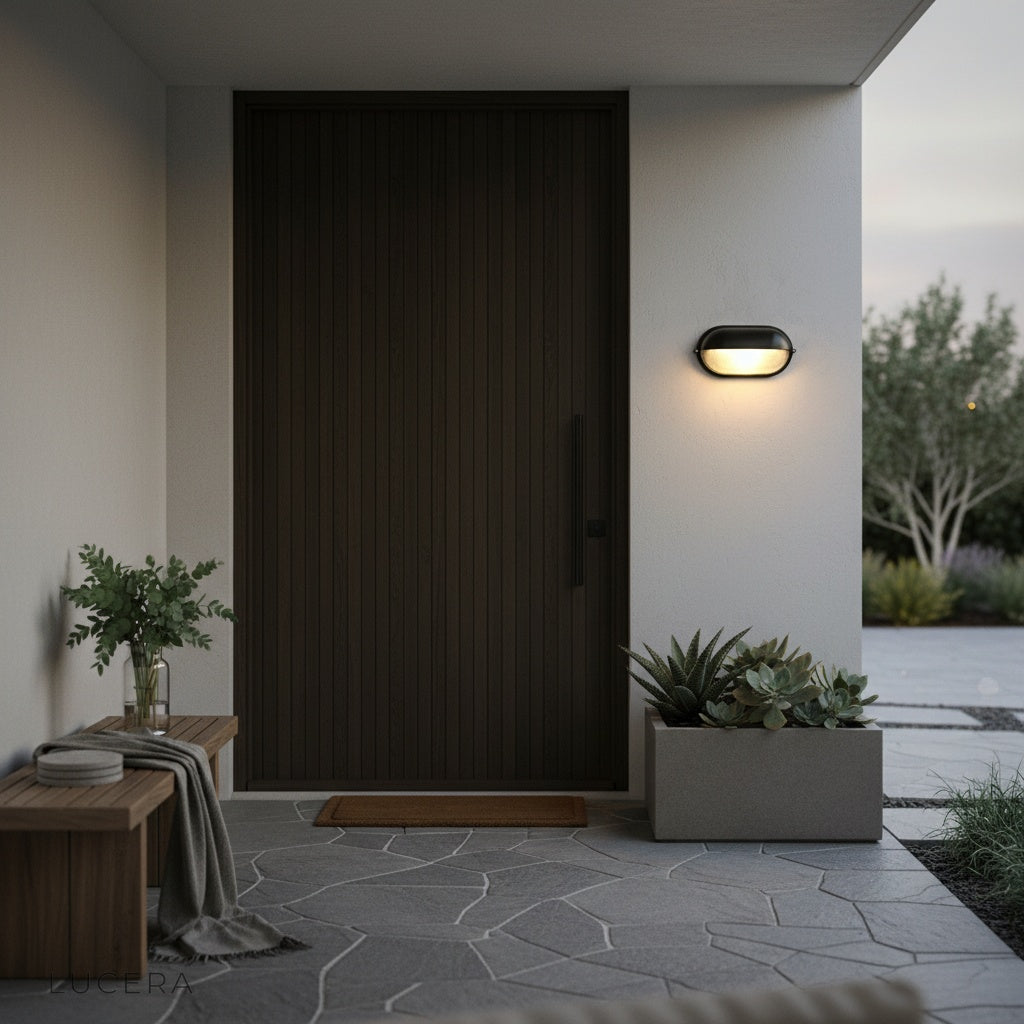 Acolyte lamp glowing softly beside a garage door with concrete texture