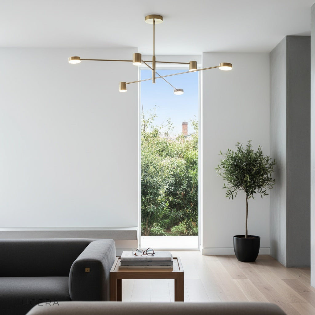 Winsor Blue Chandelier glowing at dusk in a contemporary dining area