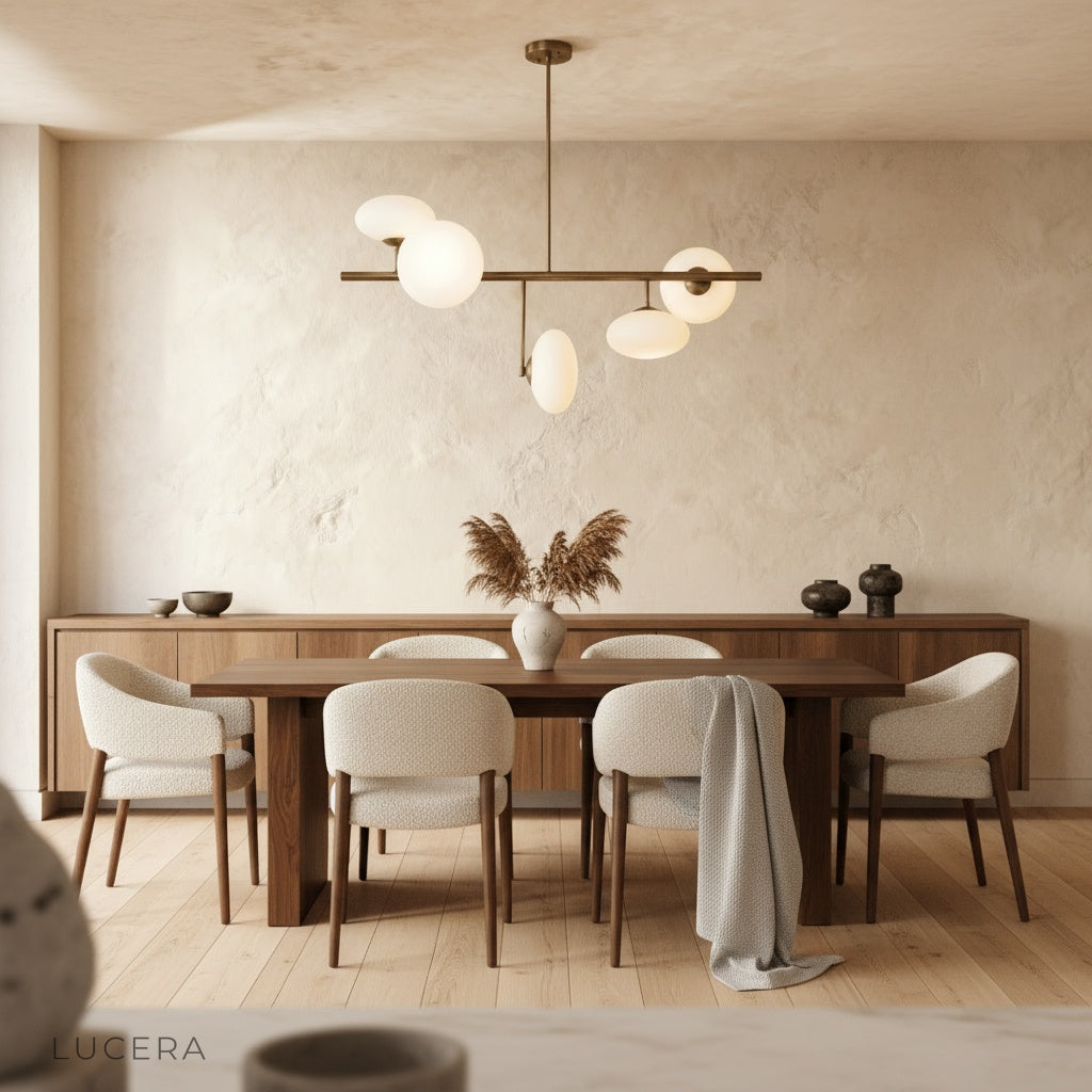 Naples Yellow Chandelier glowing in dining room at dusk with warm ambient light