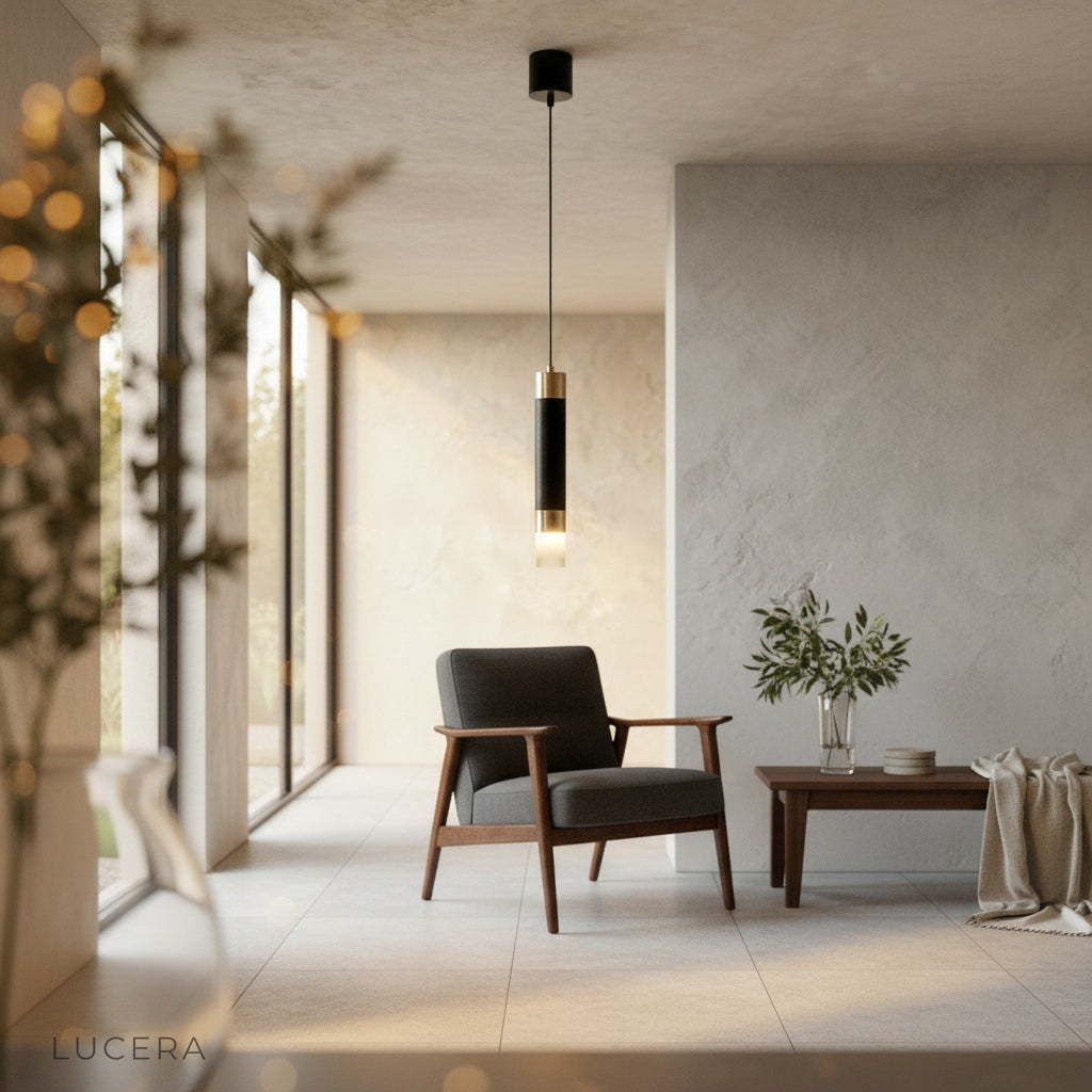 boudoir pendant light hanging above bedside table in cozy bedroom at dusk
