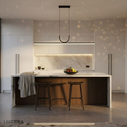 White Honeysuckle pendant light in a minimalist living room, casting even light over a coffee table and sofa