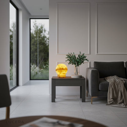 front view of Tantalize Fornax table lamp showing natural veining and polished marble finish