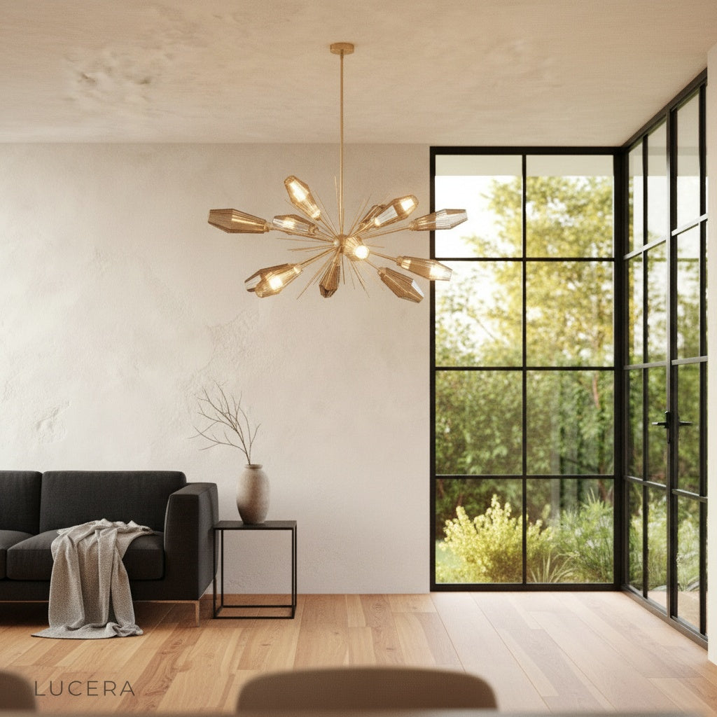 Vex Chandelier glowing at dusk in cozy bedroom with ambient warm light