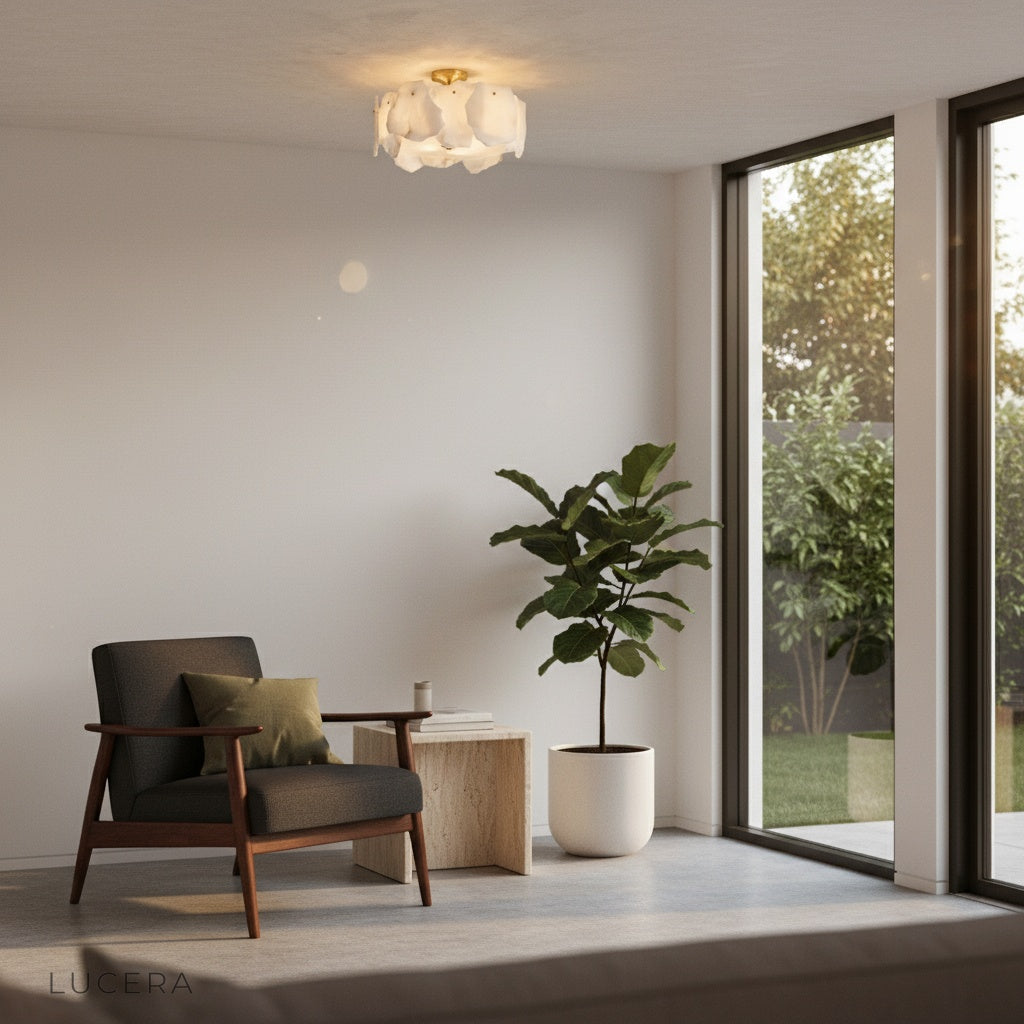 Fulgurant ceiling light illuminating cozy dining area with soft diffused evening glow