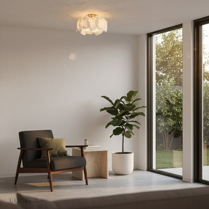 Fulgurant ceiling light illuminating cozy dining area with soft diffused evening glow