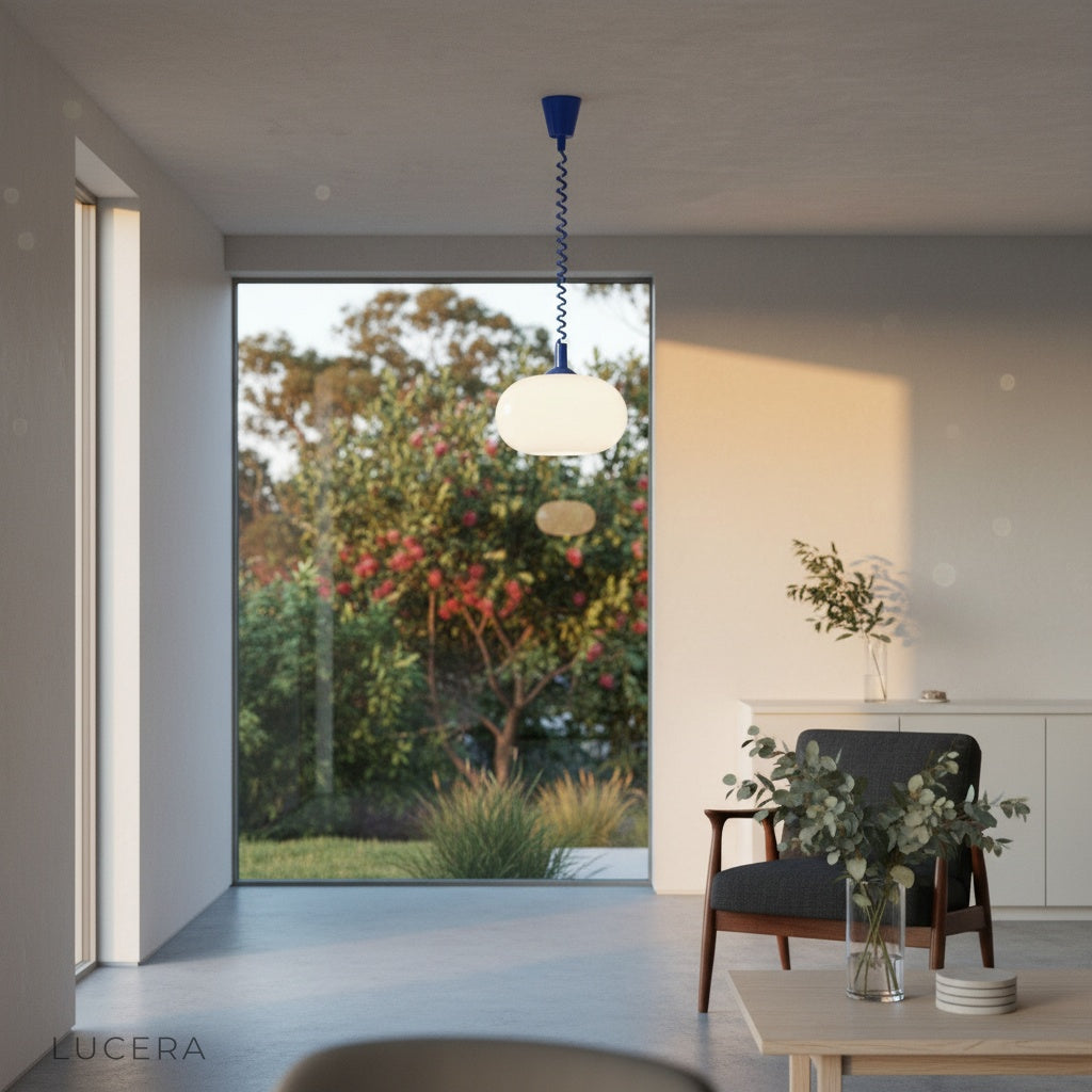 Xanthous pendant light in bedroom corner casting soft glare-free light