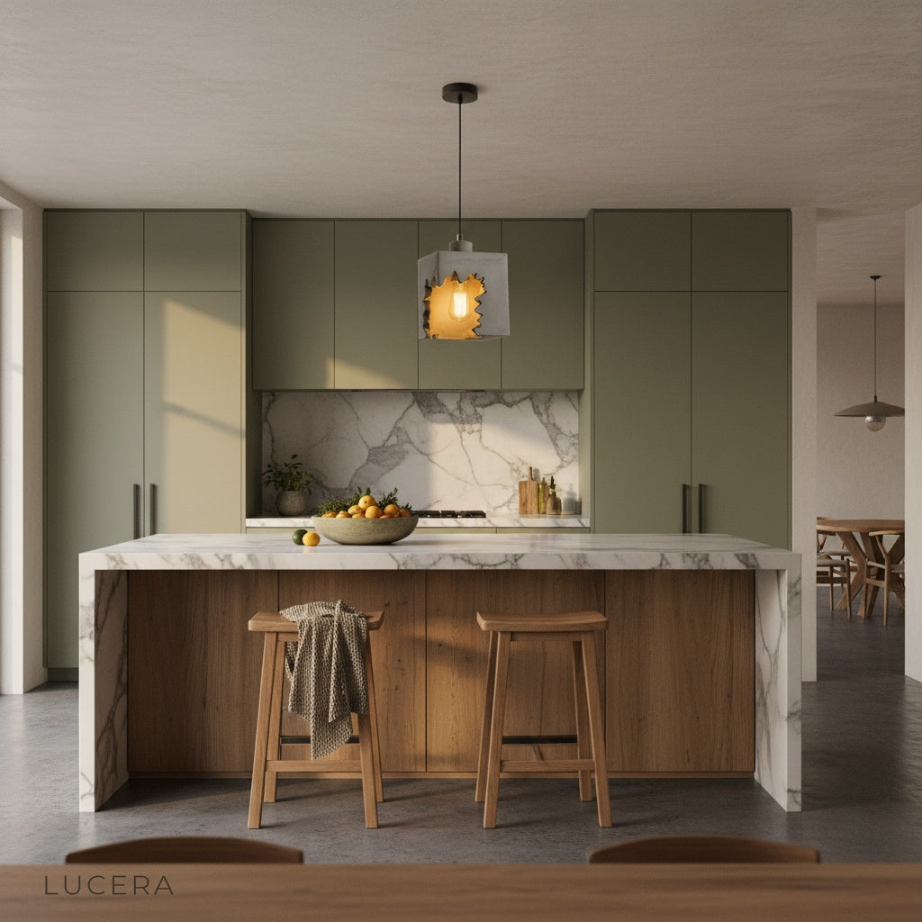 Enthrall pendant light glowing at dusk in a cozy living room with exposed brick