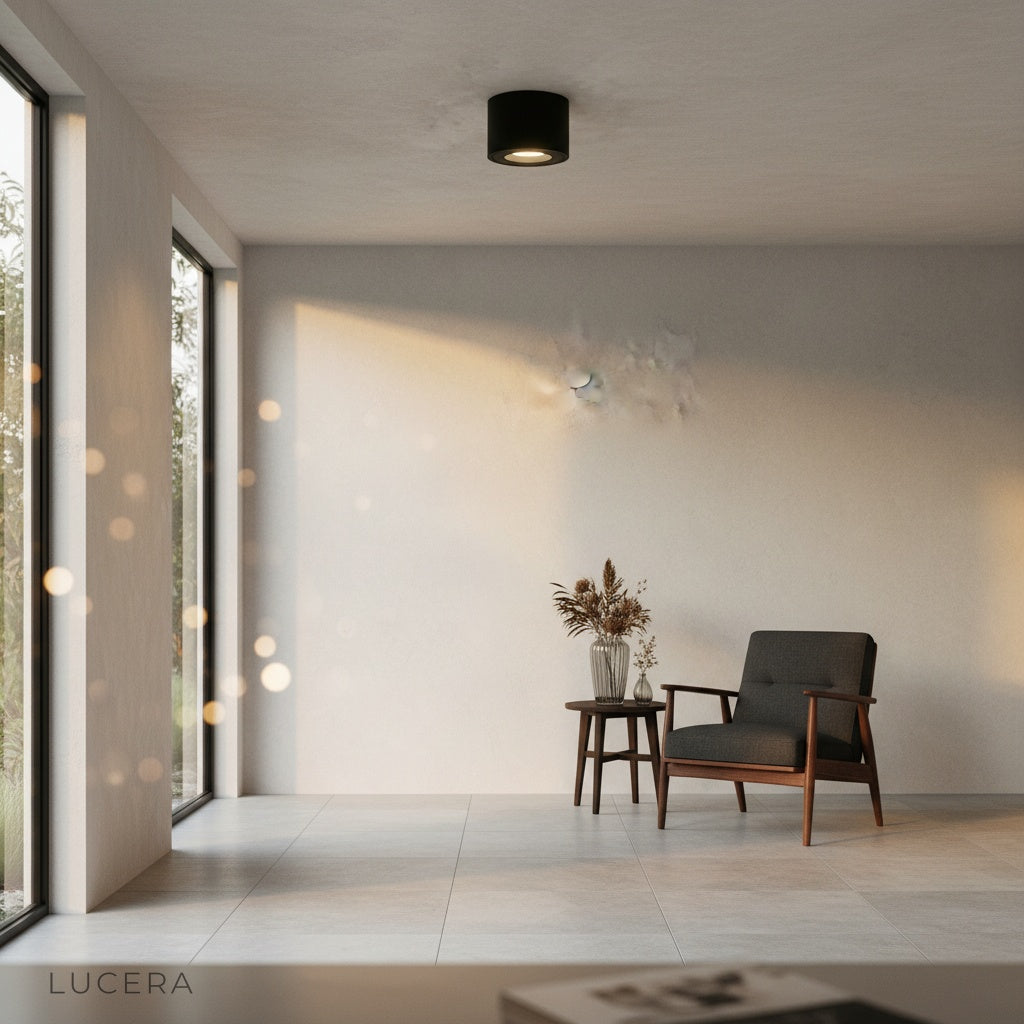 heat downlight casting dramatic light on textured wall in dark bedroom