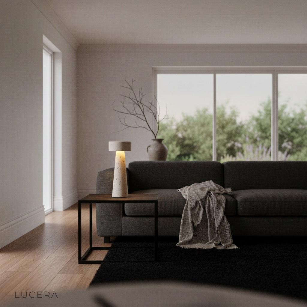 Xenodochium lamp casting ambient light on bookshelf in cozy reading nook at dusk