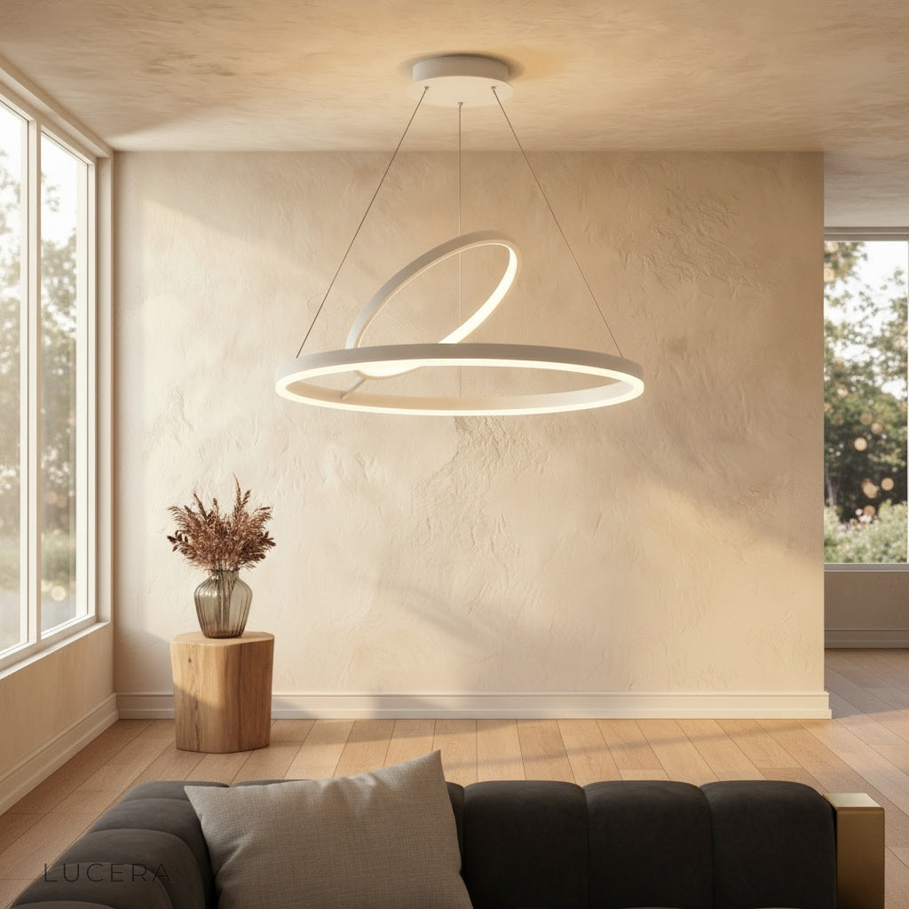 Contemporary ring pendant light above a bedside table in a bedroom