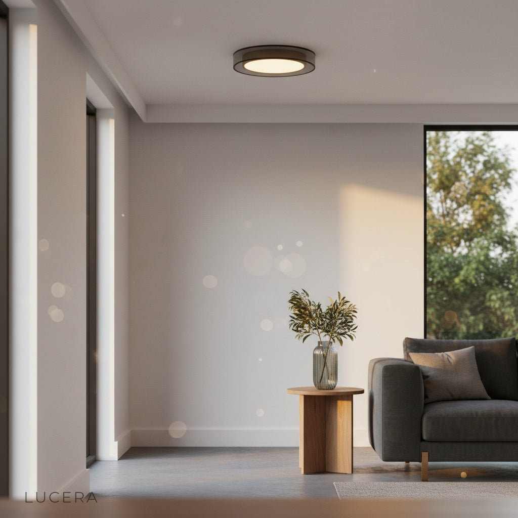 Alaric ceiling light illuminating a minimalist dining area with soft shadows