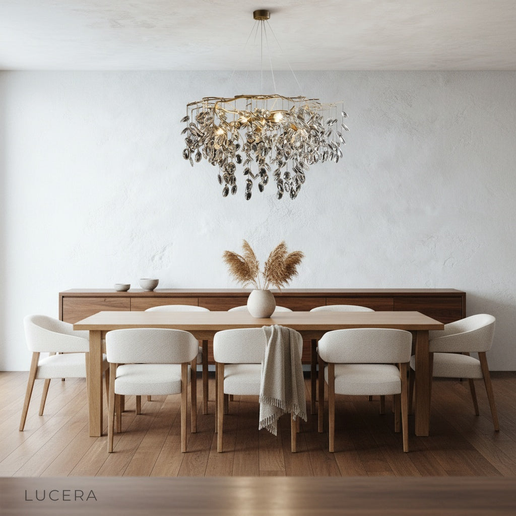 Evening ambient shot of Lapis Lazuli Chandelier glowing warmly over a marble dining table