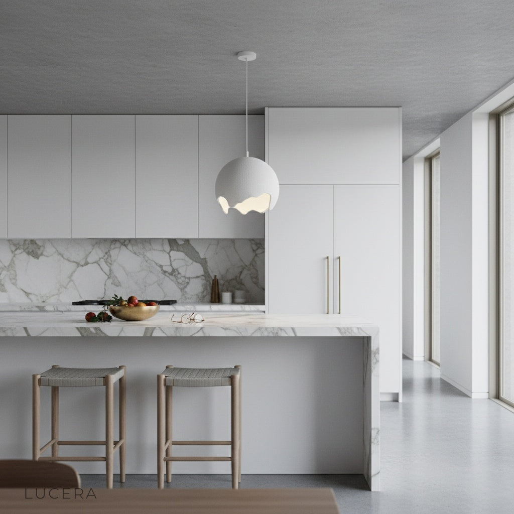 Vicar pendant light warm ambient glow in cozy living room at dusk