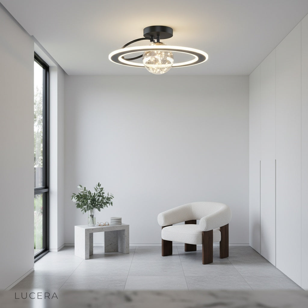 Gadroon ceiling light in brass finish illuminating dining area with warm glow