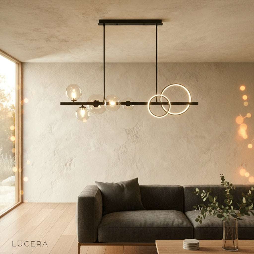 linear black and gold pendant fixture hanging in stylish bedroom at dusk