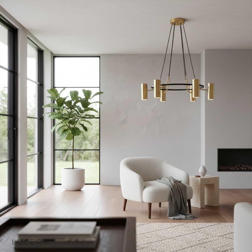 Close-up of Nacreous chandelier showing brushed steel finish and bulb detail