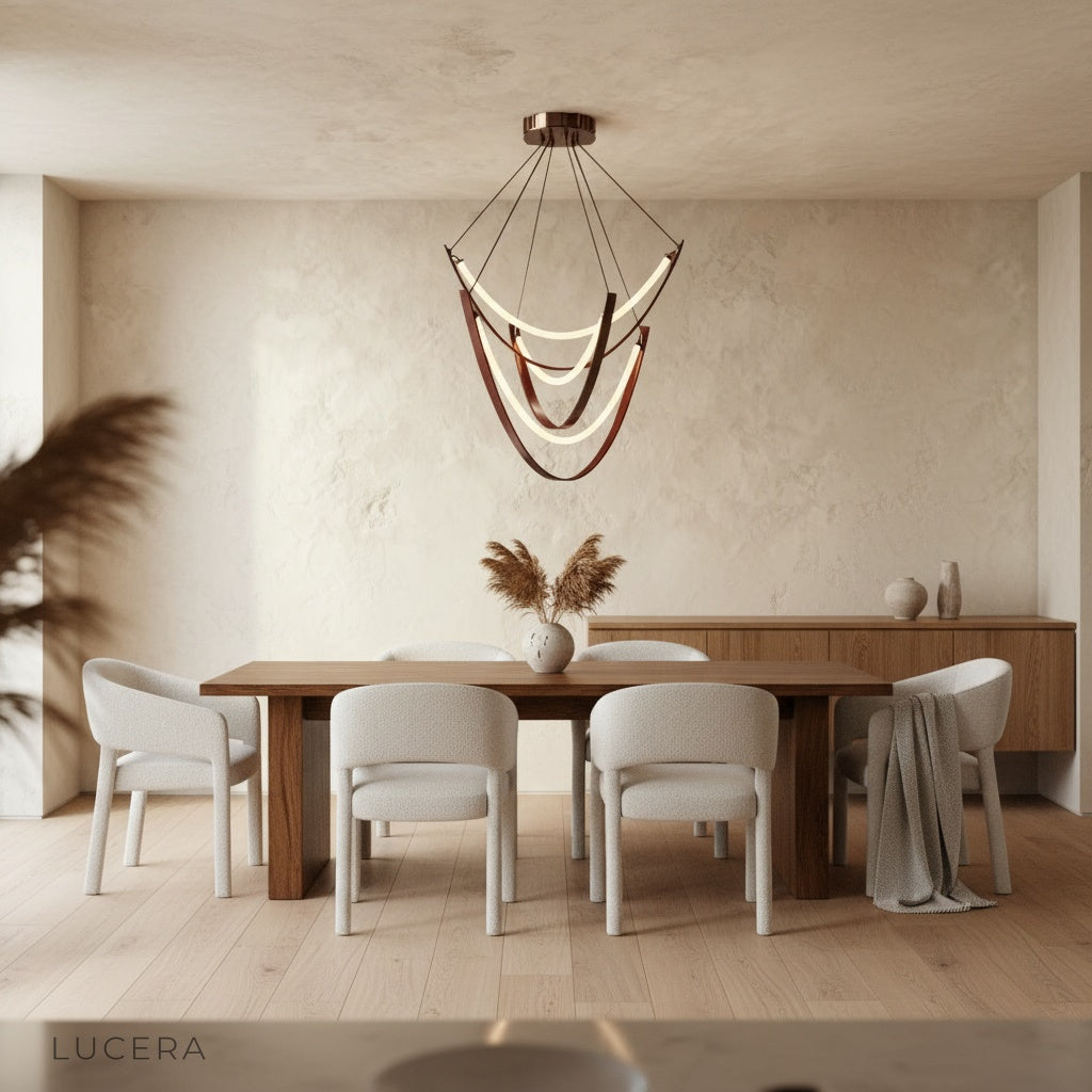 Oceanus chandelier in warm ambient glow over a modern living room center table