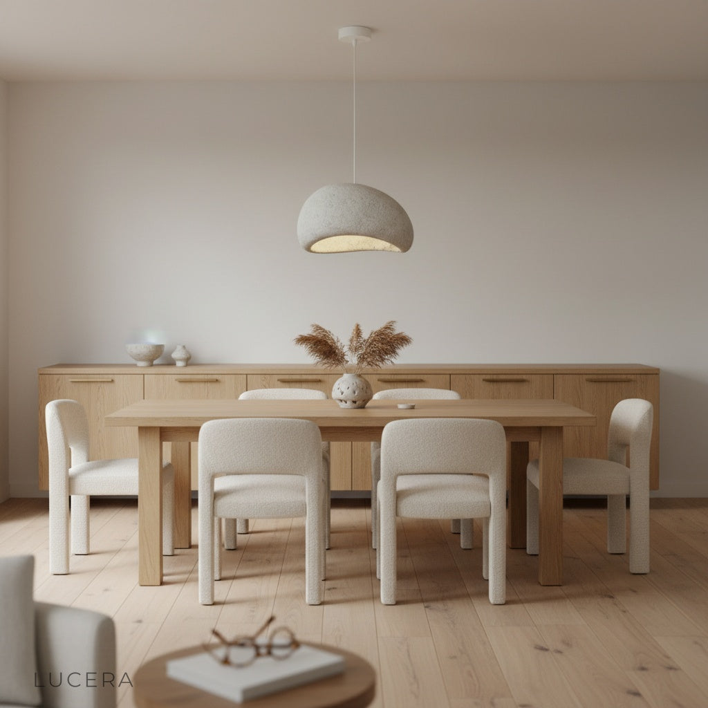 overhead view of pendant light casting gentle glow on dining table setting