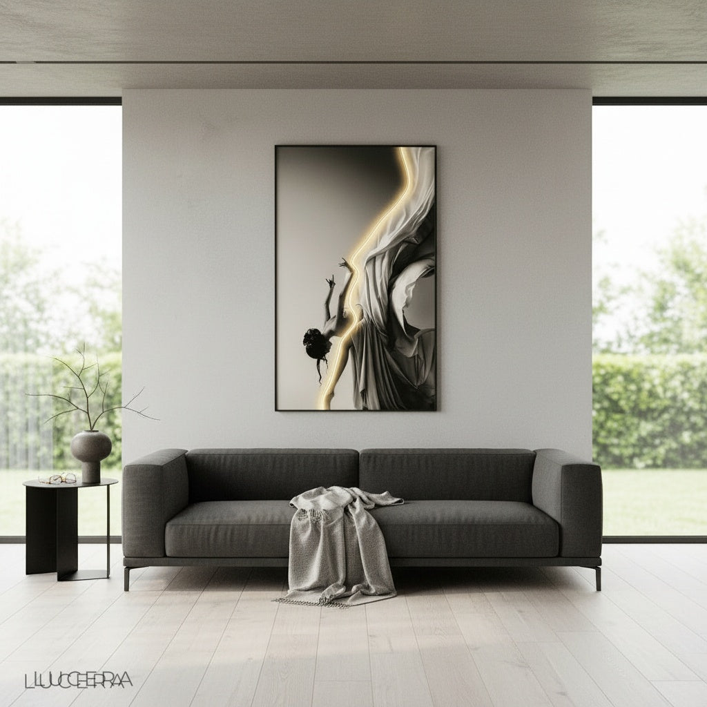 golden light from ballerina lamp highlighting textured plaster wall