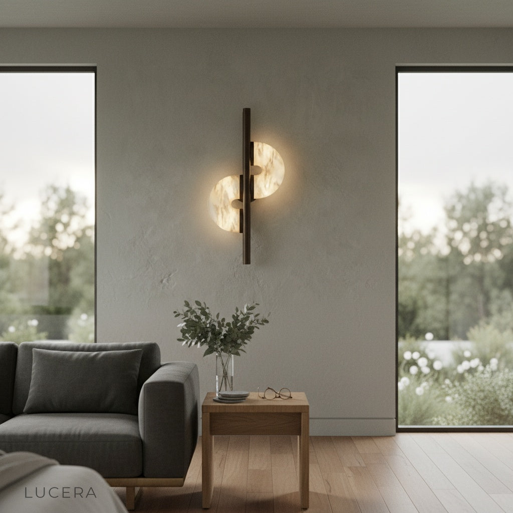 elegant hotel hallway with Inception alabaster wall lamp illuminating corridor