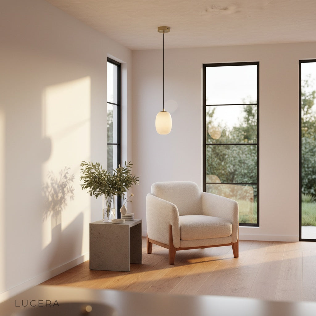 Eco-friendly Lucera pendant light illuminating a bright Scandinavian-style bedroom corner with plants