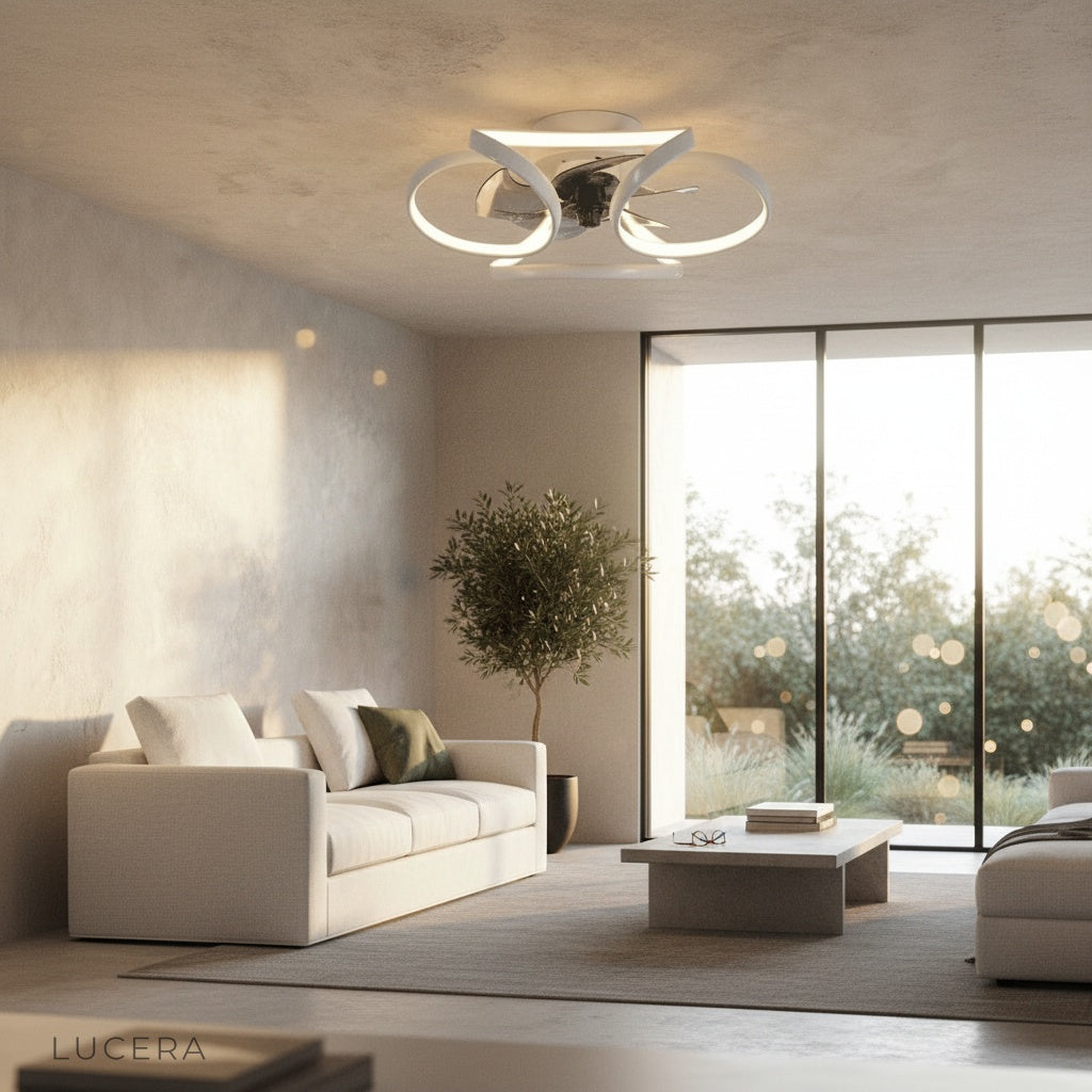 nighttime lifestyle shot of Valentin ceiling fan light casting warm glow