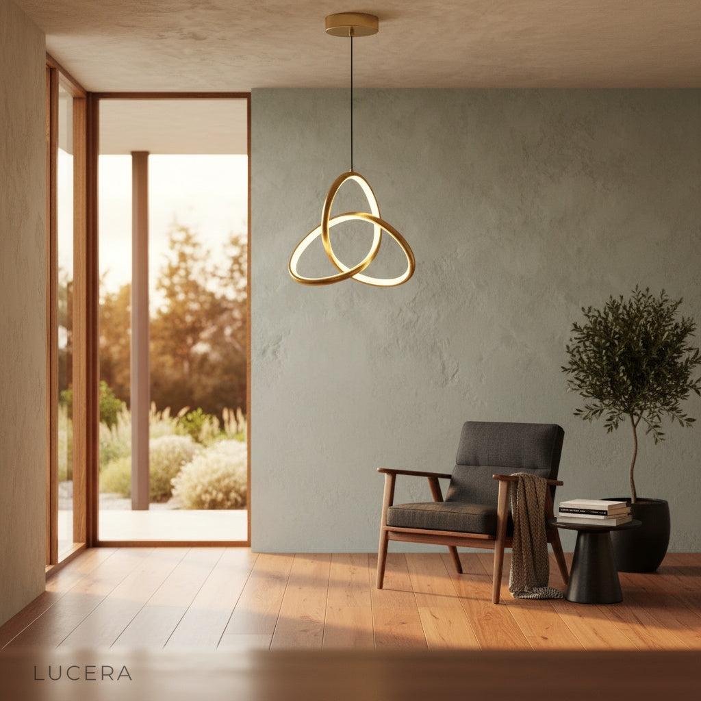 Black Tignanello pendant light in minimalist bedroom with soft evening lighting