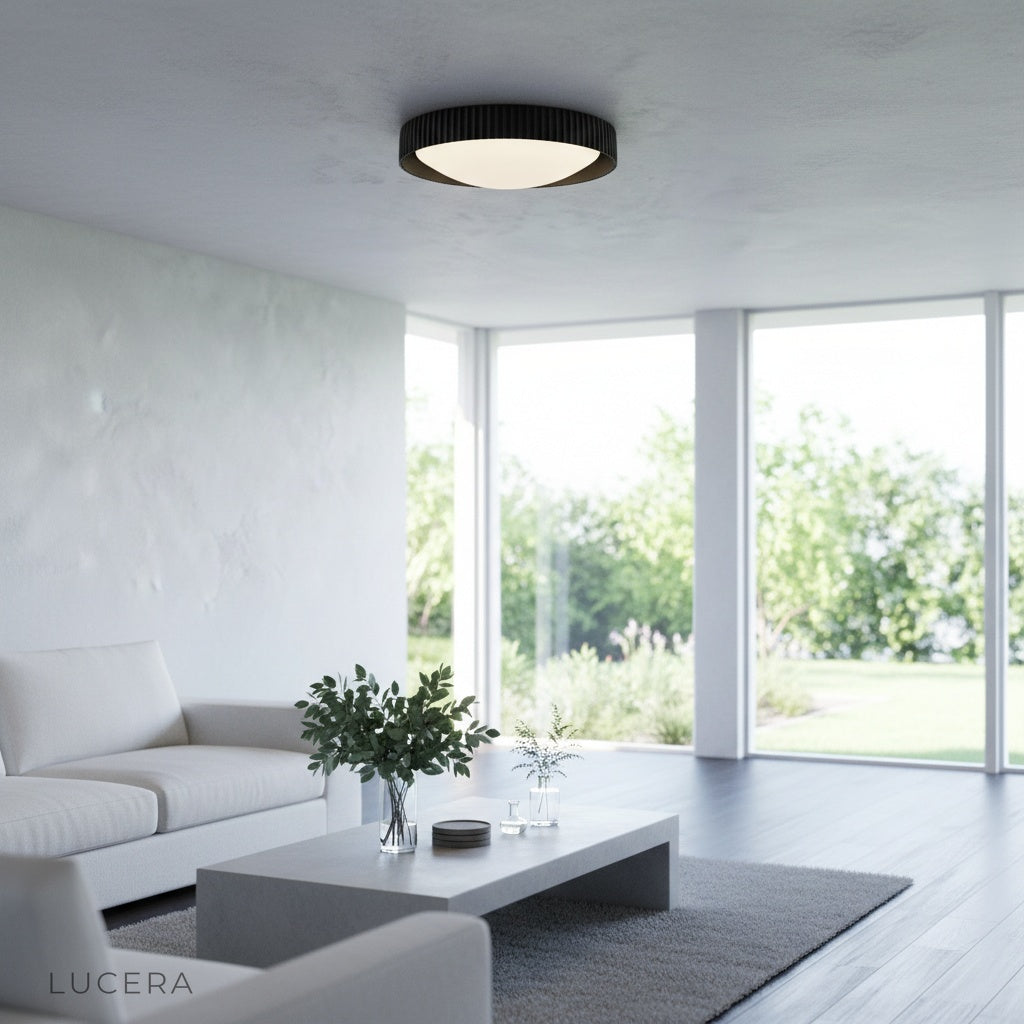 Wafers ceiling light at dusk in cozy reading nook with warm light