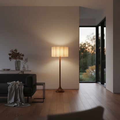 Close-up of Alchemy Floor Lamp solid wood base and textured cloth lampshade