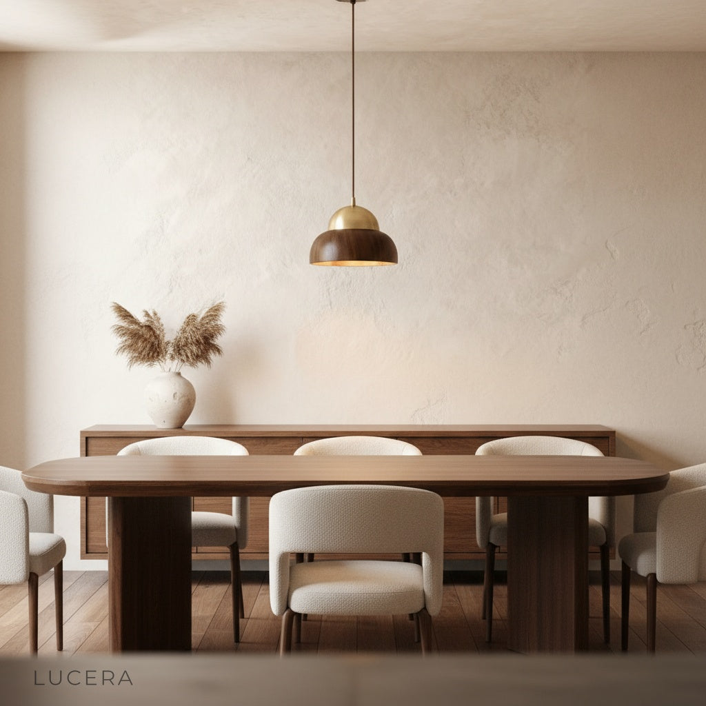 close-up of Ultimo pendant light wood grain texture and brushed copper top detail